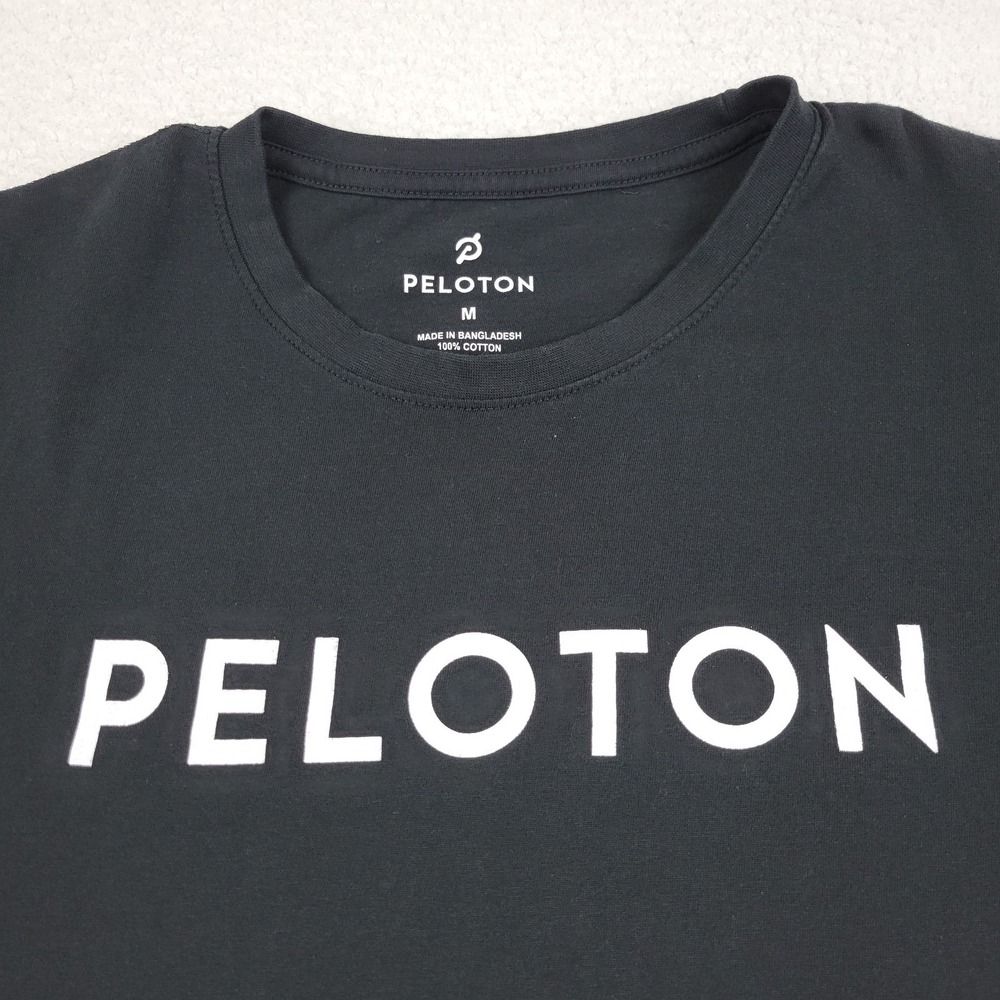 Peloton Century 100 Shirt Mens Medium Black Spell‎ Out Logo Cycling Fitness Tee